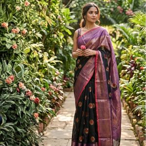 Black Cotton Silk <b>Saree</b> with Hand Embroidered <b>Golden</b> Motifs Breathable Decorative Feature - Product Image 1