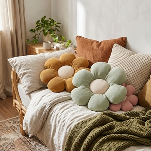 Coussin décoratif en velours côtelé fait main en forme de marguerite, coussin moelleux esthétique pour sol et lit, vert, textiles de maison, vente en gros - Product Image 5