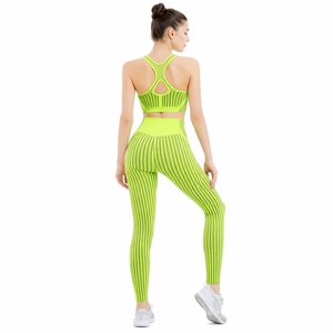 Women Yoga Set Two Piece <b>Crop</b> Sports Top Striped <b>Leggings</b> Workout Outfit <b>Crop</b> Sports Top Full Length Modern Pattern Flexible Fit - Product Image 2