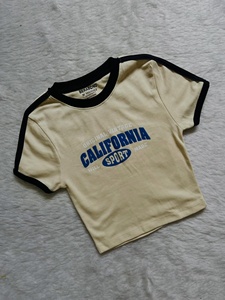 Custom Women Boxy Crop <b>White</b> Pinstripe Los Angeles 79 Collared <b>Polo</b> Crop Top T-Shirt - Product Image 4