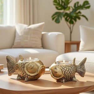 Artisan Golden Fish Set Of 2 <b>Tea</b> <b>Light</b> Holders Home Decoration Heat Resistant Candle Holders - Product Image 1