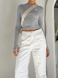 Women's Gray Long <b>Sleeve</b> <b>Crop</b> <b>Top</b> Crew Neck Slim Fit Knitted Spandex Polyester Minimalist Solid Logo Design All Seasons - Product Image 2