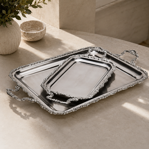 Hermoso Juego de Bandejas de Servicio Plateadas de Acero Inoxidable, Plato Decorativo con Asas para Bodas y Buffets, Fabricante 2026 - Product Image 1