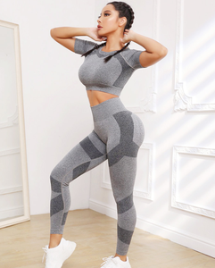 Gray Color Blocking Racerback <b>Crop</b> Top High Waist <b>Leggings</b> 2 Piece Yoga Set Seamless Four-Way Stretch Full Length - Product Image 5
