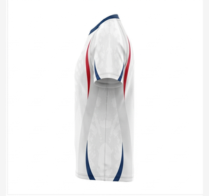 Maillot de football blanc, rouge et bleu, imprimé par sublimation |   Sans col |   Manches courtes |   Uniforme d'équipe personnalisé |   Vente en gros OEM - Product Image 2