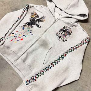 Rhinestone and embroidery <b>hoodie</b> trendy <b>stitched</b> logo design warm fleece fabric ideal for streetwear or sports casual fashion - Product Image 2