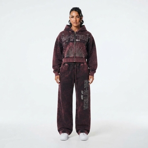 <b>Women</b> Solid Embroidered Washed Cropped Zip-Up Hoodie and Wide-Leg <b>Jogger</b> Pants Belt Two-Piece Tracksuit <b>Set</b> - Product Image 1