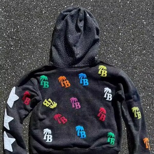 Custom Rhinestone <b>Cropped</b> <b>Zip</b> <b>Up</b> Hoodie Washed 100% Cotton Screen Print Hip Hop Style Hoodie For Men OEM Wholesale - Product Image 5