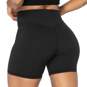 Shorts de yoga taille haute pour femme, noir uni, respirant, en tricot de spandex et polyester, coupe sportive ajustée, style skinny, taille élastique - Product Image 5