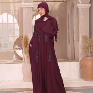 Women Solid Color Round Neck Long Sleeve Loose Fit Polyester <b>Abaya</b> Floor Length Modest Dress Beaded Embroidery Middle East Style - Product Image 2