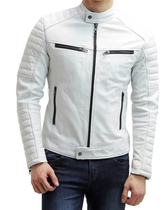 Men Genuine <b>White</b> Lambskin Leather <b>Biker</b> <b>Jacket</b> Soft Moto Motorcycle Leather <b>Jacket</b> - Product Image 1