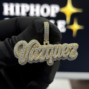 <b>Custom</b> Pave Script <b>Name</b> Pendant 925 Sterling Silver VVS Moissanite Fully Iced Raised Letter Hip Hop <b>Necklace</b> Yellow Gold Unisex - Product Image 1