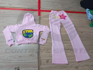 Womens Two Piece Set Vintage Hoodie Jogger Streetwear Cloth Embroidery <b>Patch</b> printed Oversized Cropped Hoodie Set - Product Image 2