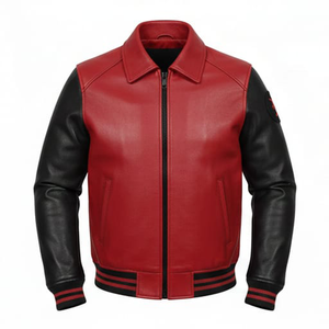 Veste en cuir véritable et toile écologique coupe-vent personnalisée rouge et noire pour homme, broderie ailes d'ange, streetwear bicolore - Product Image 2