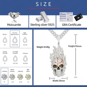 Trendy Moissanite Flaming Skull Pendant Iced Out Skull <b>Charm</b> Sterling <b>Silver</b> Luxury Jewelry Bling Pendant Streetwear <b>Charm</b> - Product Image 6