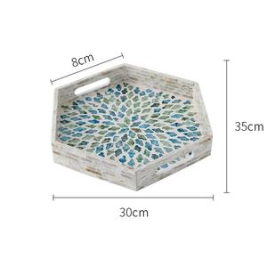 Plateau hexagonal en nacre de qualité supérieure, motif mosaïque bleu artisanal, pour la vanité et l'accueil de réceptions - Product Image 1