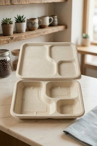 Plateau repas divisé en 3 compartiments, aliments séparés, frais et hygiéniques, parfait pour les repas complets, thali, riz, curry et service de plusieurs plats. - Product Image 3