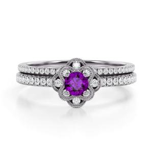 Véritable Améthyste Naturelle Violette Ronde Brillante Pierre Semi Précieuse Bague d'Anniversaire Ensemble Fait à la Main Tendance Fabrication de Bijoux - Product Image 1