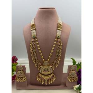 Indian Ethnic <b>Gold</b> Plated Zircon Heritage Long Necklace <b>Set</b> by Sonakshi Chorski - Product Image 1
