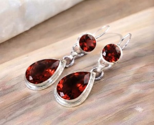 Boucles d'oreilles pendantes en grenat naturel, argent sterling 925, faites à la main, pierres précieuses rouges, pour femmes, bijoux en gros - Product Image 2