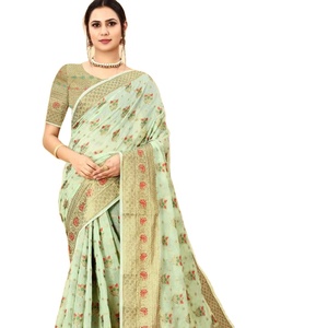 Tela de seda y algodón suave con estampado de Sari indio elegante de calidad superior predrapeada para bodas y fiestas - Product Image 1