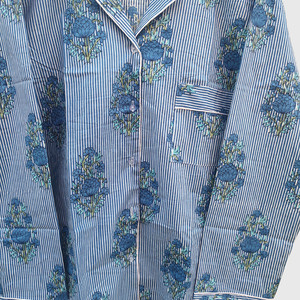 Conjunto de pijama floral a rayas azules para mujer, top de manga larga con cuello con muescas y pantalones con cordón, ropa de dormir - Product Image 5