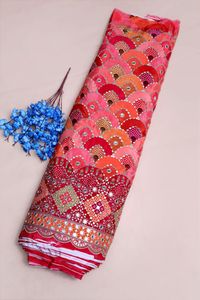 Bright Pink Geometric Mirror Work Placement Print Natural Crepe Fabric With Heavy Border For Designer Kurti And Ethnic Wear - Product Image 5