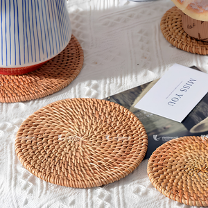 Luxury Handmade Boho Rattan Coasters Woven Wicker Home <b>Table</b> Decor Retro <b>Rustic</b> <b>Coffee</b> Drinks Round Placemats - Product Image 4