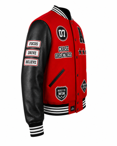 Legend Status Red <b>Men's</b> Varsity <b>Jacket</b> 100% Cotton Anti-Bacterial Zipper Closure Sleeve Patch Design <b>Letter</b> Print Casual Style - Product Image 3