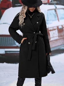 Manteau Trench Élégant pour Femme, Double Boutonnage, Longueur Genou, Noir Uni, Col Cranté, Coupe-Vent en Polyester, Vêtement d'Extérieur Automne - Product Image 4
