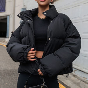 Black Puffer Jacket Stand Collar Zipper Closure Quilted Windproof <b>Thick</b> <b>Winter</b> <b>Coat</b> Casual Loose Fit Short Length Unisex - Product Image 3