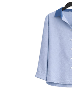 Ensemble deux pièces décontracté pour femme : chemise bleu clair et pantalon large bleu, en coton et lin, avec poches brodées florales, idéal pour l'été - Product Image 3