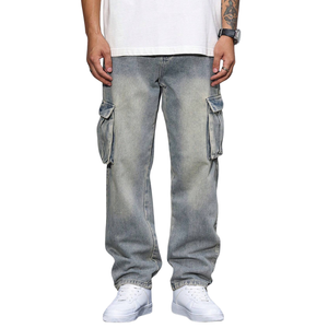 Mens <b>Light</b> Blue Denim Cargo Pants Loose Fit Mid Waist 100% Cotton Breathable Multi Pocket Casual Washed Utility Jeans - Product Image 1