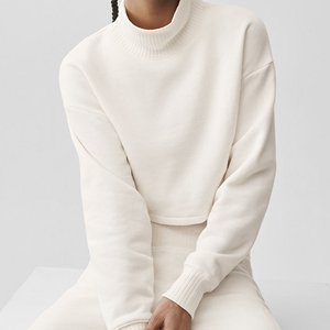 Sweat-shirt court surdimensionné 100 % coton pour femme, à manches longues, col rond uni, pull court - Product Image 6
