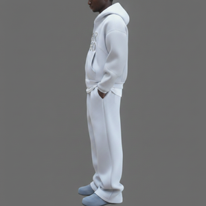 Ensemble de survêtement unisexe blanc à capuche avec fermeture éclair intégrale, logo imprimé strass scintillant, coupe décontractée ample, en molleton 100 % coton - Product Image 6