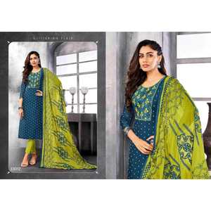 Conjunto de Oficina de Rayón con Bordado y Lentejuelas, Kurta de Corte Naya, Pantalón y Dupatta Azul - Product Image 1