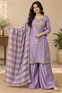 Ensemble Kurta Palazzo Dupatta en soie de verre brodée lavande, séchage rapide, coupe ample, longueur ras du sol, toutes saisons, pour femme, tenue de soirée - Product Image 3