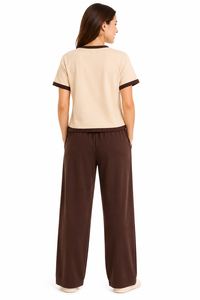 <b>Women</b> Beige <b>Brown</b> 100% Cotton Knitted for Set Short Sleeve V-Neck Button Front Casual Two Piece Sleepwear Full Length Loose - Product Image 3
