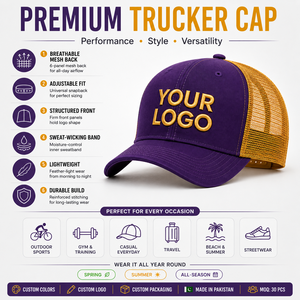 Purple Gold Mesh Trucker <b>Hat</b> Embroidered Logo Front Panel Adjustable Unisex Casual <b>Cap</b> Spring Summer 6-Panel Design - Product Image 6