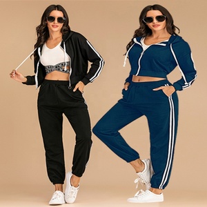 Women sportswear stitching stripe tracksuit zipper crop top <b>hoodie</b> with matching yoga pants - Product Image 6