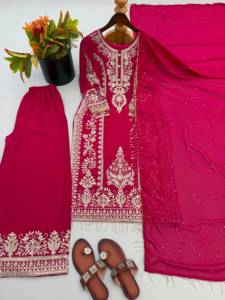 Ensemble prêt-à-porter entièrement cousu avec haut en faux georgette brodé de sequins, pantalon palazzo et dupatta. - Product Image 3