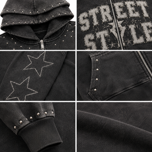 Sweat à capuche oversize noir unisexe avec fermeture éclair, style streetwear, en coton molletonné épais délavé à l'acide, imprimé graphique, capuche double couche - Product Image 4