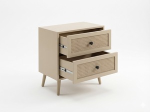 Table d'appoint moderne et écologique à 2 tiroirs, 5+ compartiments, en bois d'hévéa, MDF, placage de chêne et détails en rotin. Table de rangement pour salon - Product Image 5