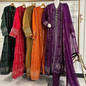 Maxi vestido de chifón listo para usar, estilo abierto por delante, chifón puro, Chicken Kaari con lentejuelas y encaje Dori indio. - Product Image 1