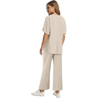 Ensemble tricoté décontracté deux pièces pour femme, rayé, en coton respirant, avec dentelle, manches courtes, col rond et pantalon à taille élastique coupe ample