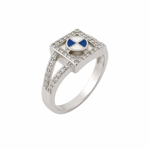 White Gold Enamel Diamond <b>Ring</b> Square Halo Bridal Band Blue and White Round Center Jewelry for Women - Product Image 2
