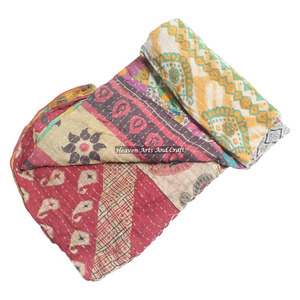 Reversible Cotton Kantha <b>Quilts</b> Indian Reversible Hand Stitched Heavy Throw Old Sari Blanket Patch Work Heavy 3 To 5 Layers - Product Image 4