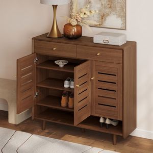 Mueble zapatero con asiento, diseño simple de madera de mango y ratán para recibidor o sala de estar, estantes para almacenamiento de zapatos. - Product Image 1