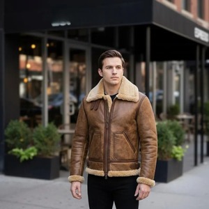Chaqueta de aviador para hombre de cuero genuino marrón con forro de piel, abrigo bomber cálido para invierno. - Product Image 1