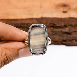 Bague ajustable en fluorite, vintage, en argent sterling 925, pierre précieuse, bijoux faits à la main, cadeau pour femmes et filles - Product Image 6